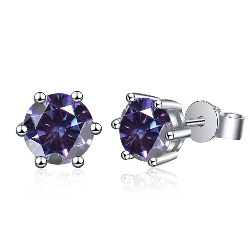 Colored Six-Prong Moissanite Stud Earrings in Sterling Silver - Violet stones