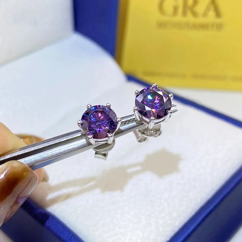 Colored Six-Prong Moissanite Stud Earrings in Sterling Silver - Purple studs close-up
