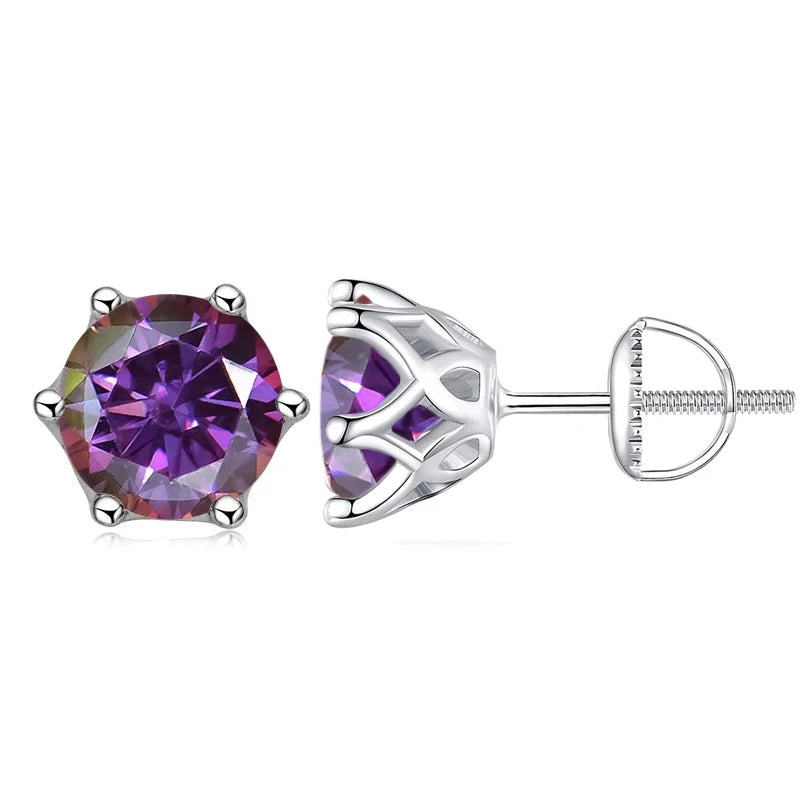 Colored Six-Prong Moissanite Screw-Back Stud Earrings — Purplish red