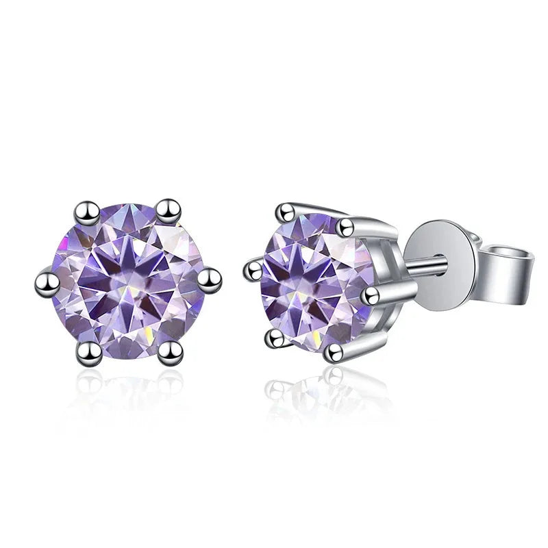 Colored Six-Prong Moissanite Stud Earrings in Sterling Silver - Light purple stones
