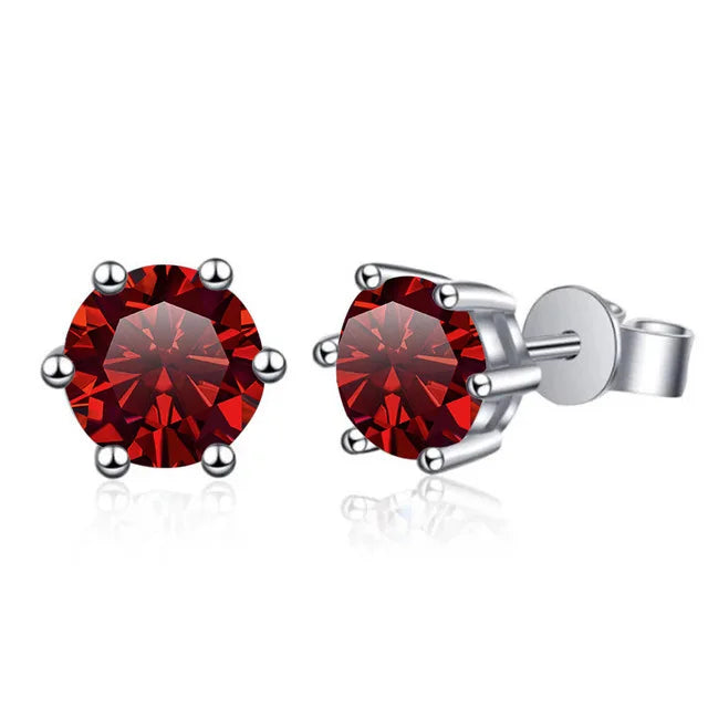 Colored Six-Prong Moissanite Stud Earrings in Sterling Silver - Red stones