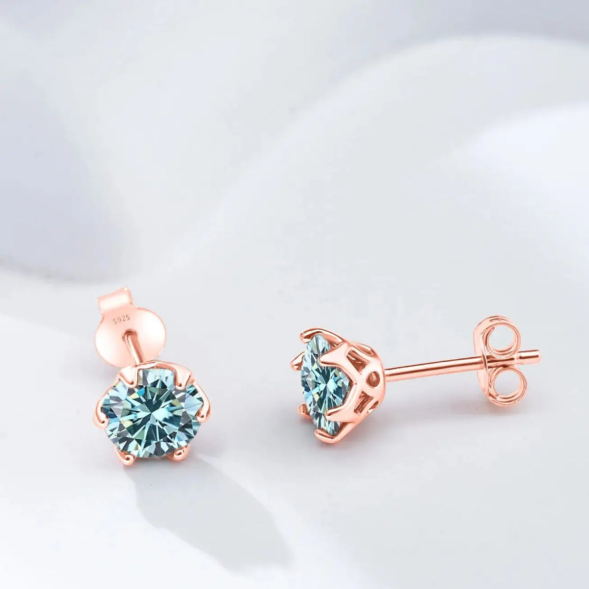 Colorful Moissanite Stud Earrings in Rose Gold-Plated Silver — Rose gold-tone studs, front and side