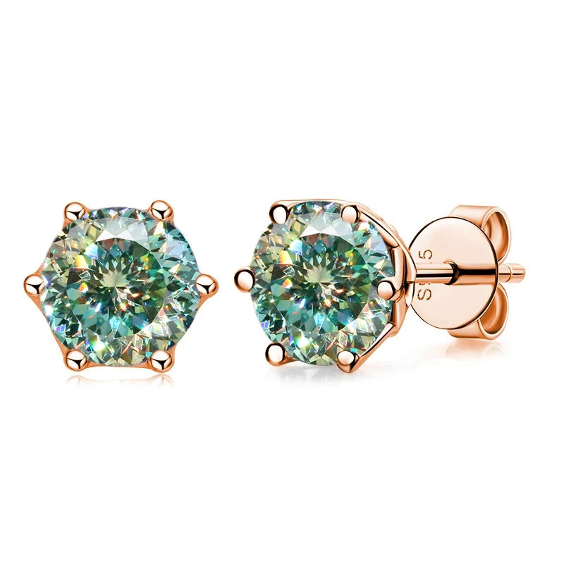 Rose Gold-Tone Colored Moissanite Six-Prong Stud Earrings — Green 100 Cut