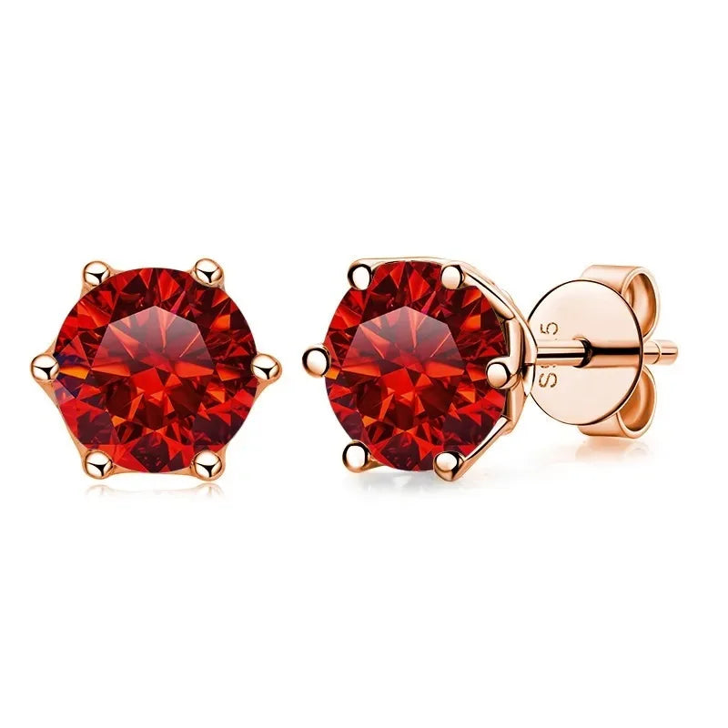 Rose Gold-Tone Colored Moissanite Six-Prong Stud Earrings — Garnet red