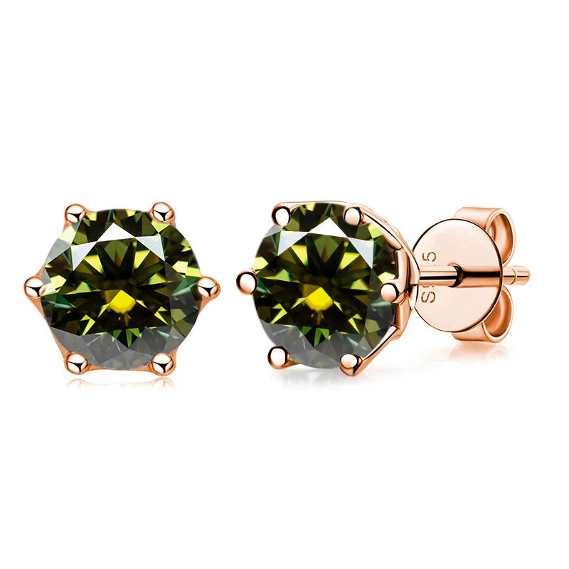 Rose Gold-Tone Colored Moissanite Six-Prong Stud Earrings — Yellow green