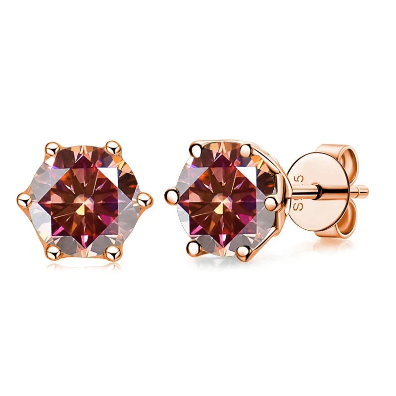 Rose Gold-Tone Colored Moissanite Six-Prong Stud Earrings — Orange red