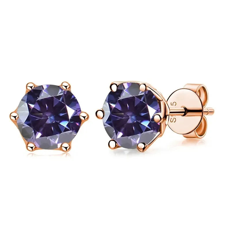 Rose Gold-Tone Colored Moissanite Six-Prong Stud Earrings — Violet