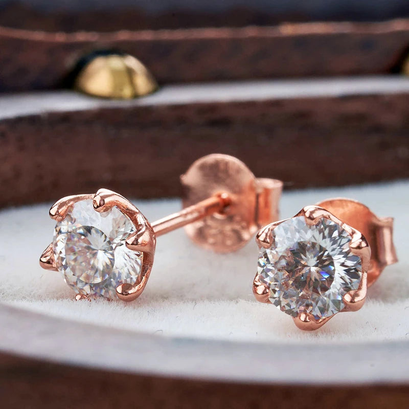Rose Gold-Tone Colored Moissanite Six-Prong Stud Earrings — White stone close-up