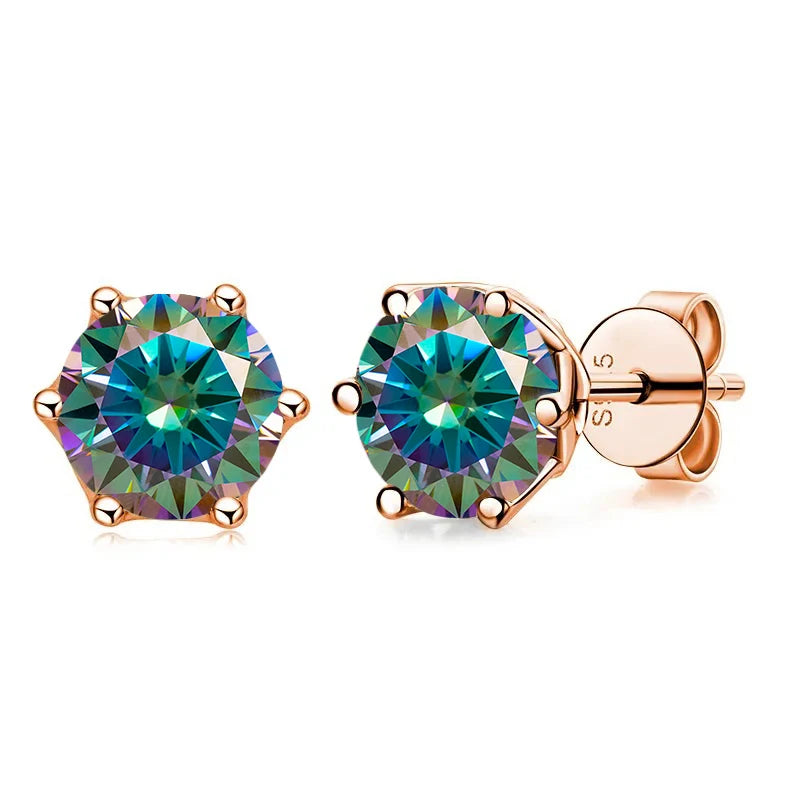 Rose Gold-Tone Colored Moissanite Six-Prong Stud Earrings — Rainbow
