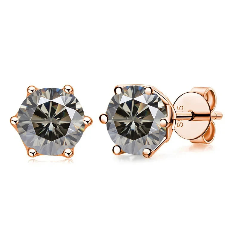 Rose Gold-Tone Colored Moissanite Six-Prong Stud Earrings — Gray