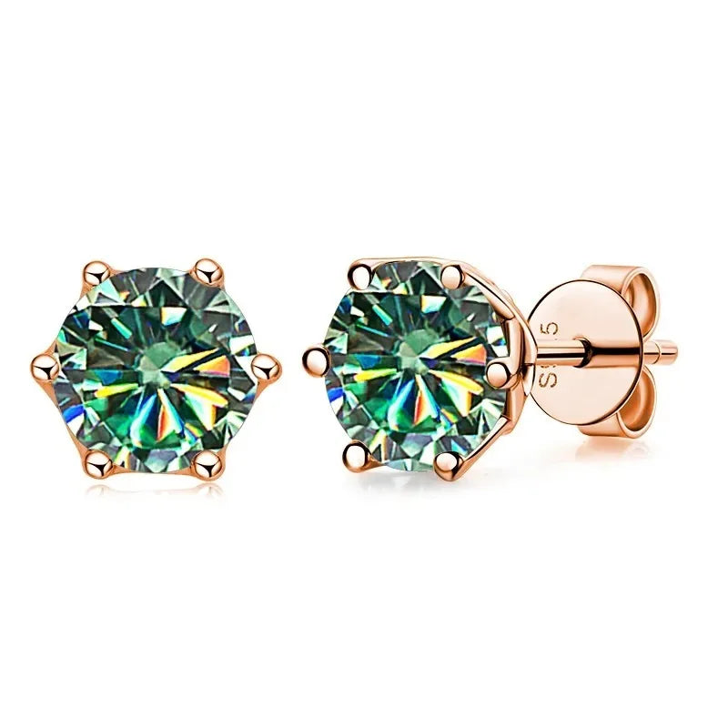 Rose Gold-Tone Colored Moissanite Six-Prong Stud Earrings — Blue green