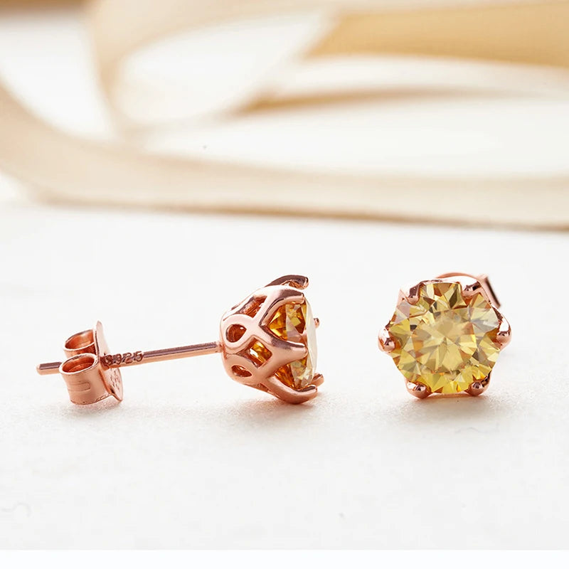 Rose Gold-Tone Colored Moissanite Six-Prong Stud Earrings — Butterfly back detail