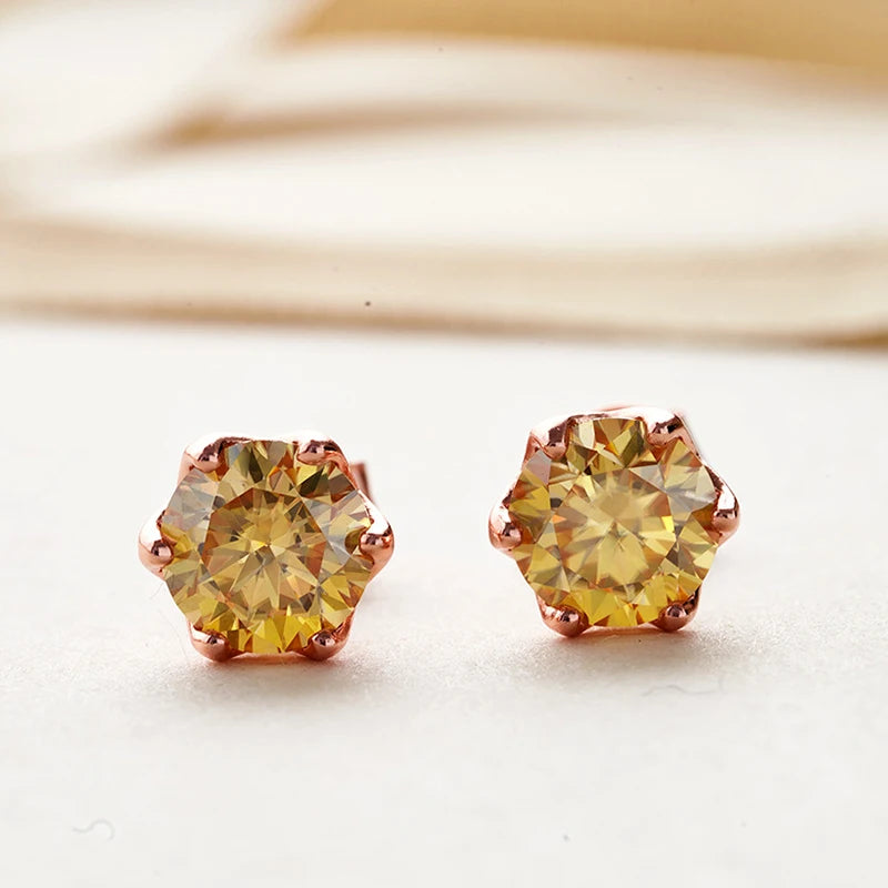 Rose Gold-Tone Colored Moissanite Six-Prong Stud Earrings — Rose gold-tone basket detail