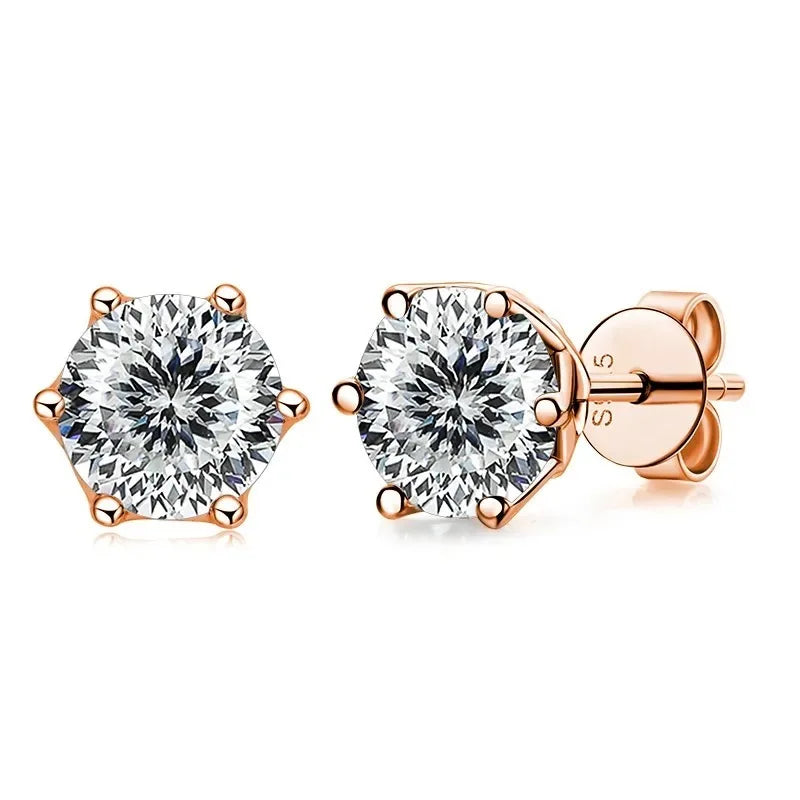 Rose Gold-Tone Colored Moissanite Six-Prong Stud Earrings — White alternate cut