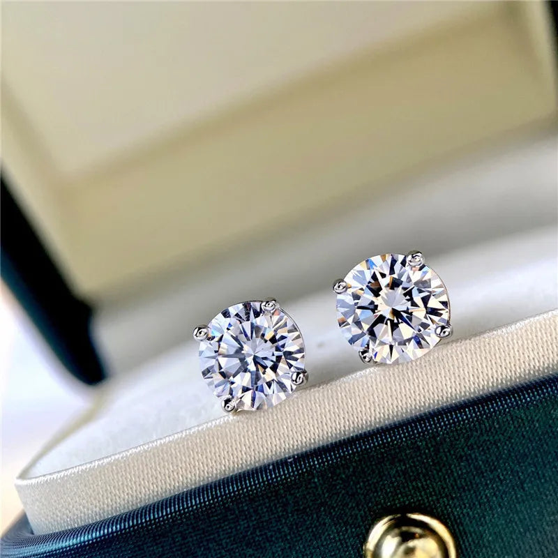 Four-Prong Round Moissanite Stud Earrings in Silver — Pair in display box