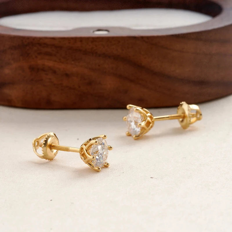 Colored Six-Prong Moissanite Screw-Back Stud Earrings — Gold-tone angled view