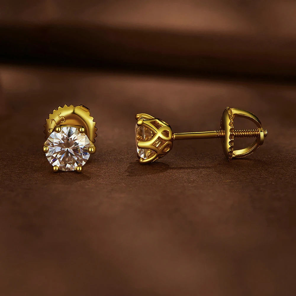 Colored Six-Prong Moissanite Screw-Back Stud Earrings — Gold-tone front and side