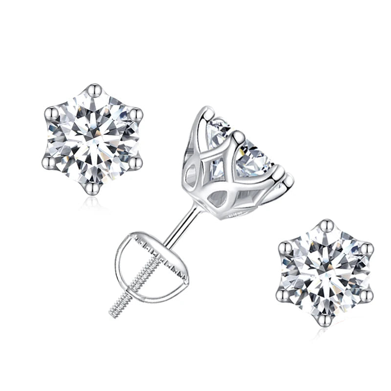 Six-Prong Moissanite Screw-Back Stud Earrings in Silver - Six-prong fronts and threaded back
