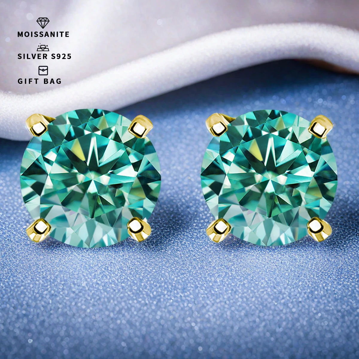 Cyan Round Moissanite Stud Earrings in Sterling Silver — Gold-tone pair