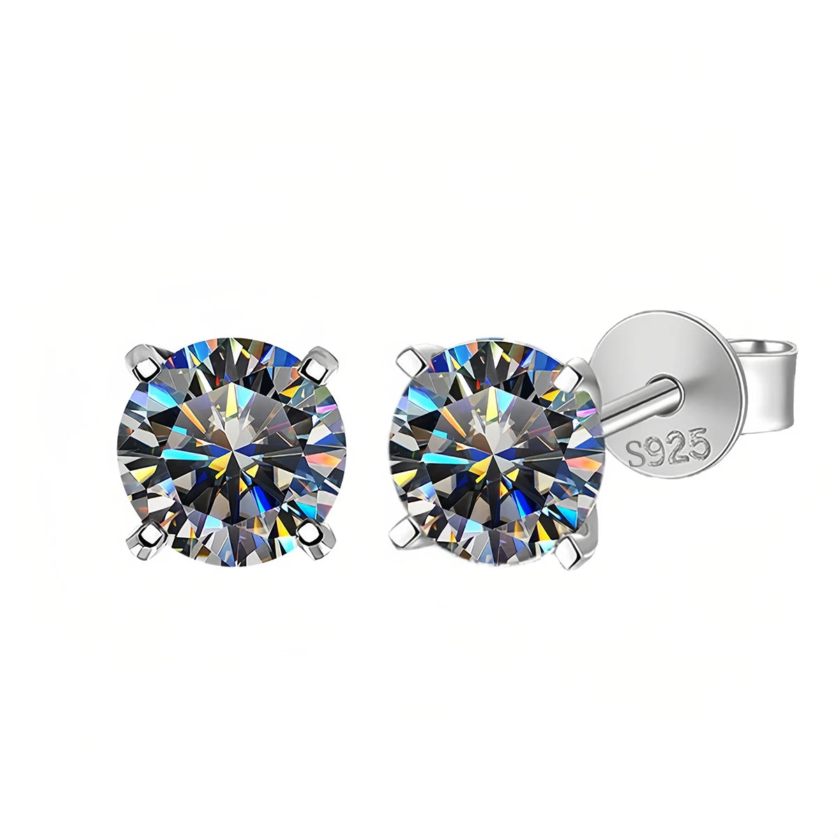 Gray Moissanite Solitaire Stud Earrings in Sterling Silver - Silver front and back
