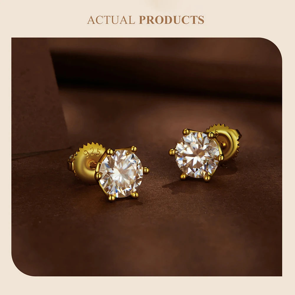 Colored Six-Prong Moissanite Screw-Back Stud Earrings — Gold-tone pair example