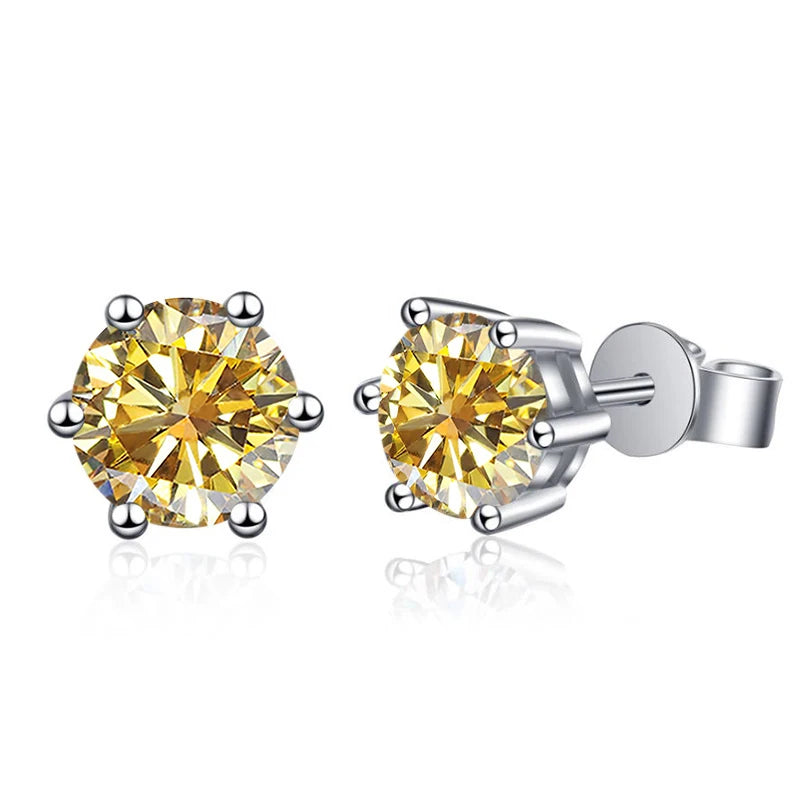 Colored Six-Prong Moissanite Stud Earrings in Sterling Silver - Golden yellow stones