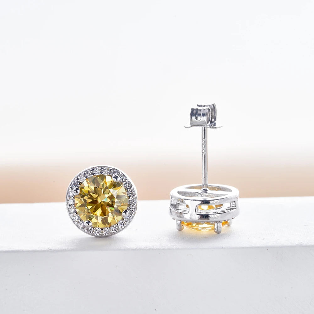 Colored Round Halo Moissanite Stud Earrings in Silver - Yellow center front and back
