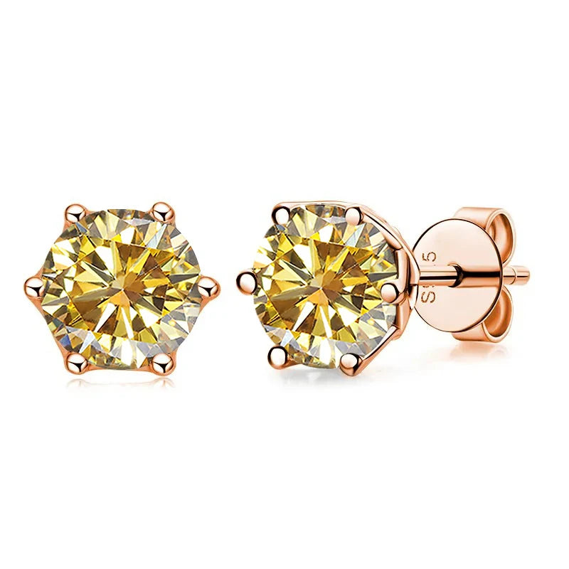 Rose Gold-Tone Colored Moissanite Six-Prong Stud Earrings — Golden yellow