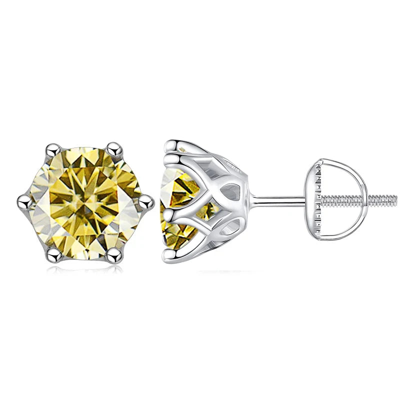 Colored Six-Prong Moissanite Screw-Back Stud Earrings — Lemon yellow