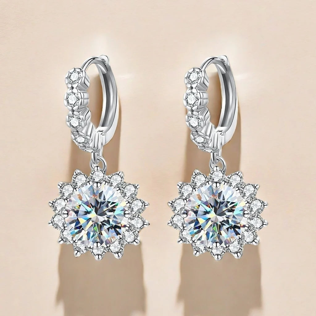 Sunflower Moissanite Drop Hoop Earrings in Sterling Silver - Floral drops angled view