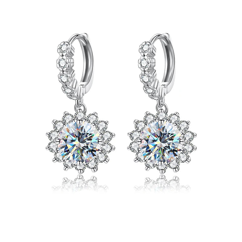 Sunflower Moissanite Drop Hoop Earrings in Sterling Silver - Sunflower halo drops and sparkling hoops