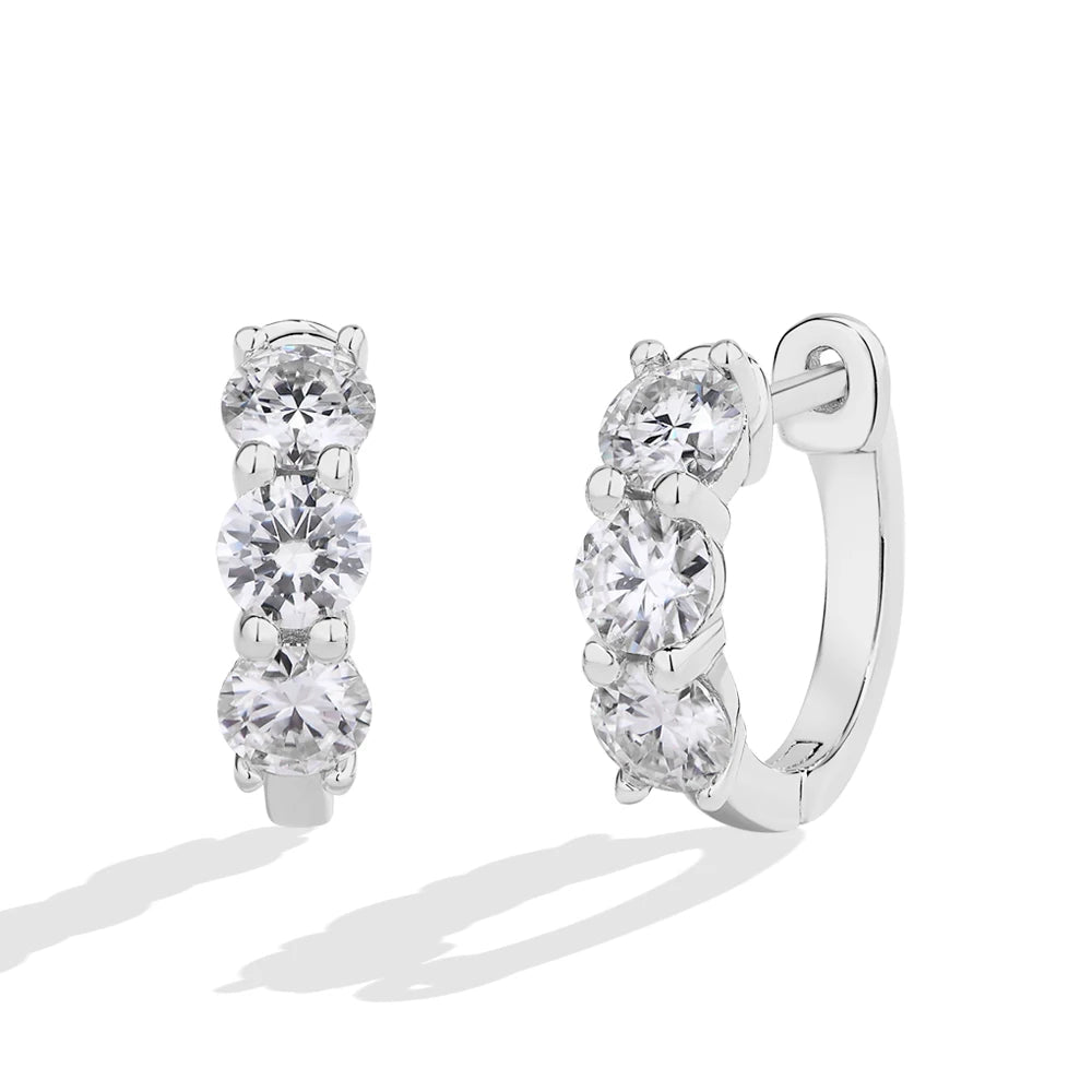 Three-Stone Moissanite Hoop Earrings in Sterling Silver — Silver three-stone hoops