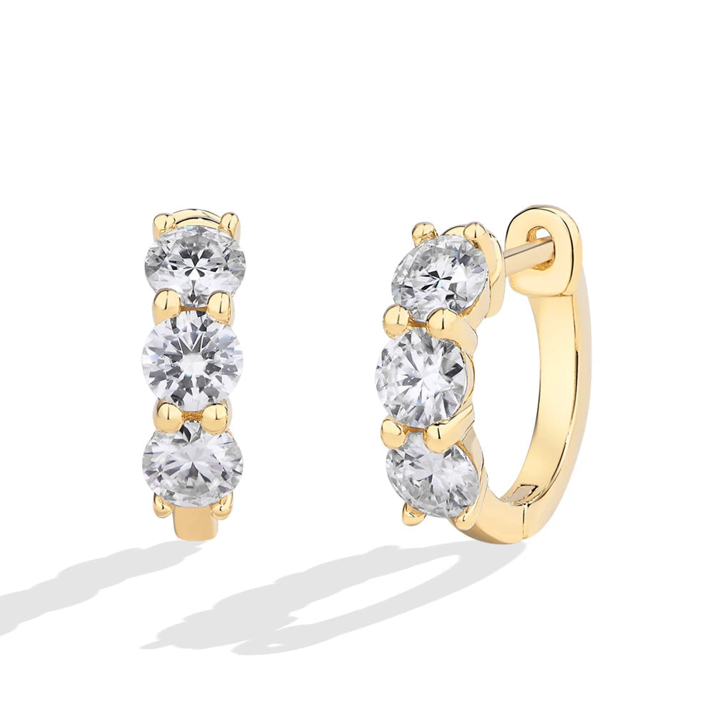 Three-Stone Moissanite Hoop Earrings in Sterling Silver — Gold-tone three-stone hoops