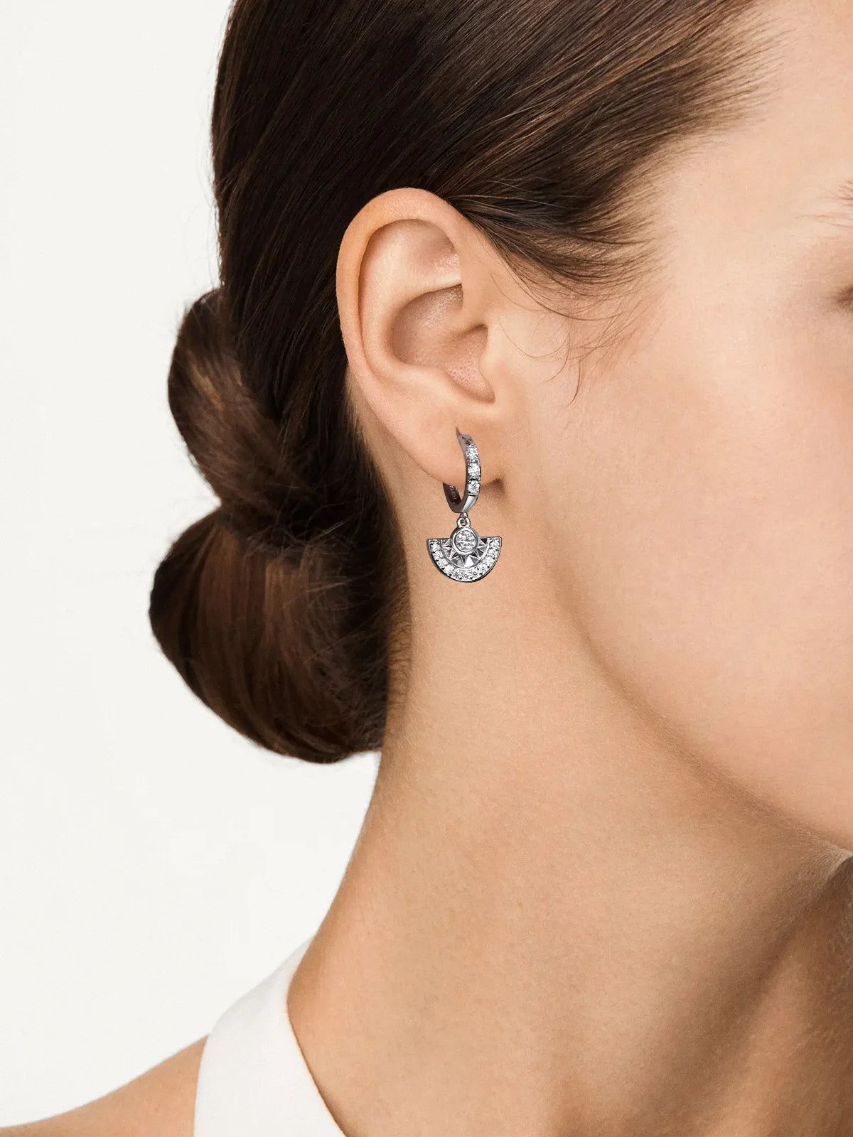 Moissanite Hoop & Drop Earrings in Sterling Silver — Fan drop worn on the ear