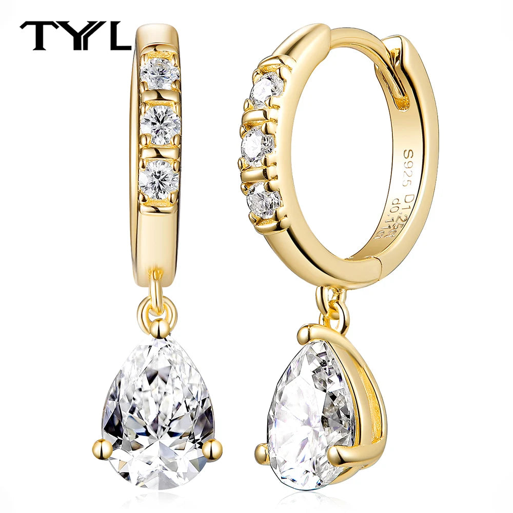 Moissanite Hoop & Drop Earrings in Sterling Silver — Gold-Tone pear hoop drops