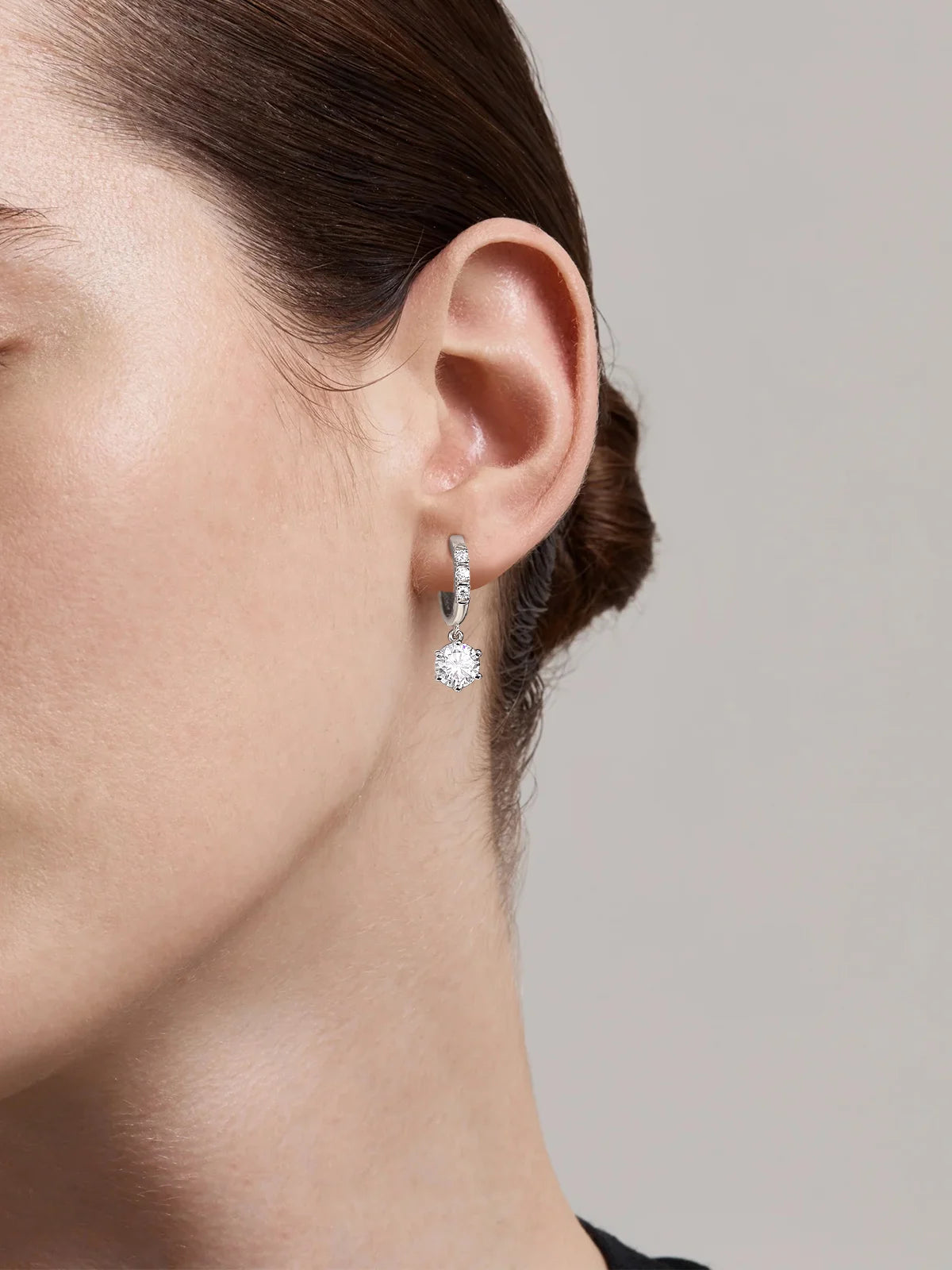 Moissanite Hoop & Drop Earrings in Sterling Silver — Silver drops worn on the ear