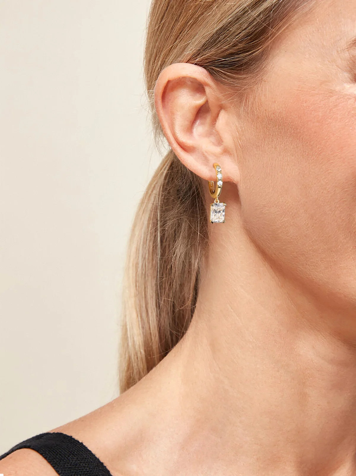 Moissanite Hoop & Drop Earrings in Sterling Silver — Gold-Tone drops worn on the ear