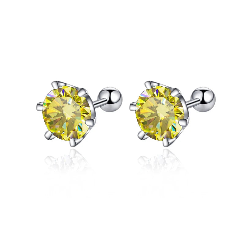 Colored Moissanite Screw Ball-Back Stud Earrings - Lemon yellow stones