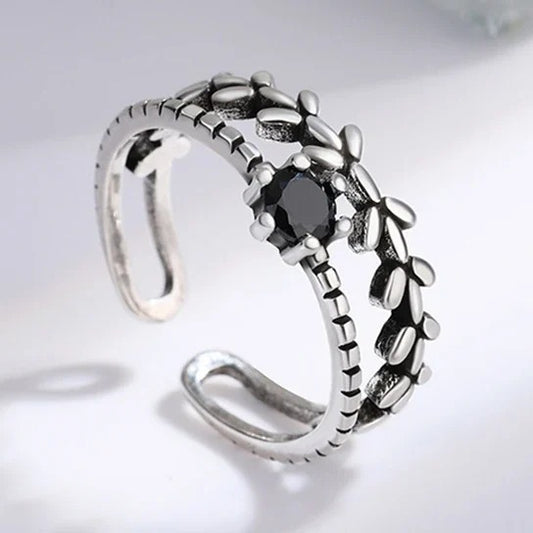 Obsidian leaf ring in 925 sterling silver, open double band
