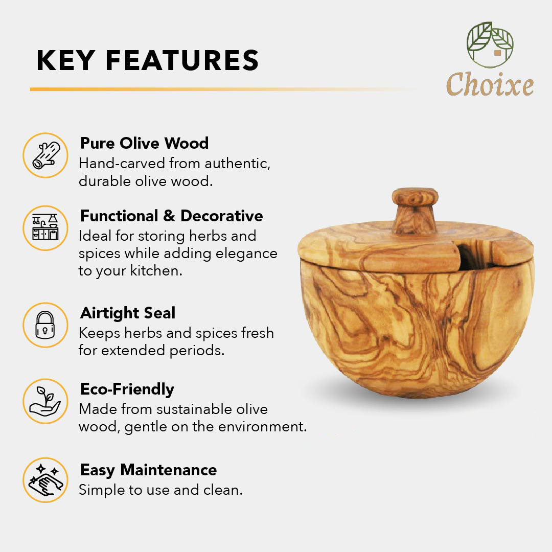 Olive Wood Spice Canister - Hand-Carved Herb Jar, Natural Grain