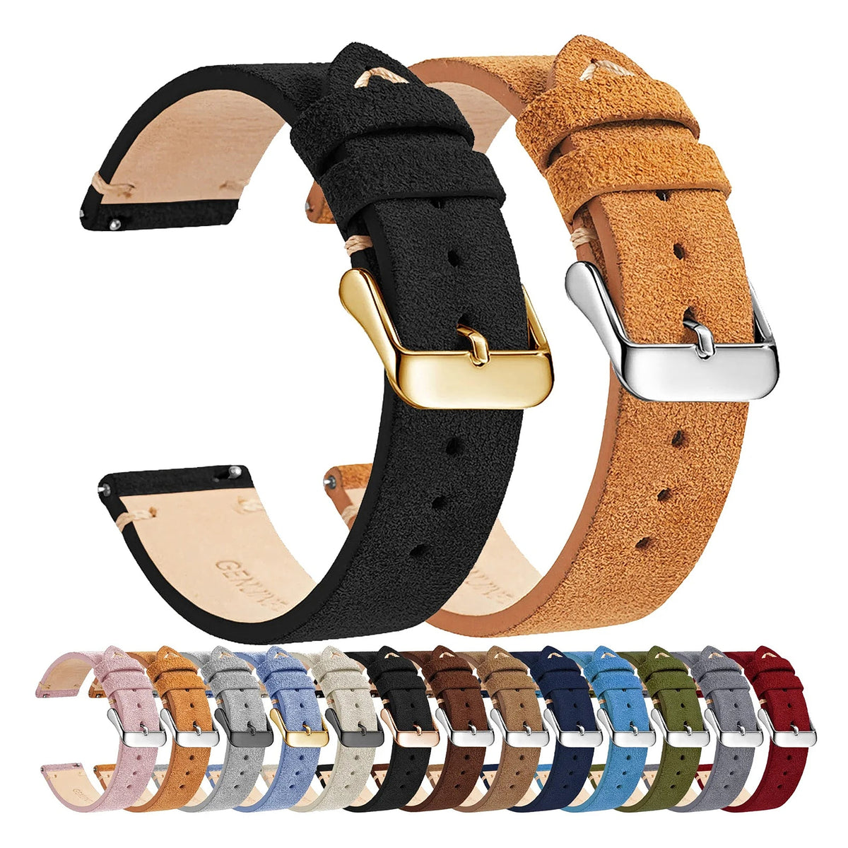 OnePlus Leather Quick Release Watch Band Strap for Smartwatch in multiple colors with gold and silver buckles.