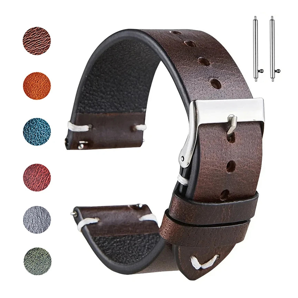 OnePlus Smartwatch Leather Band Quick Release Retro Oil Wax Wristband in brown leather with silver buckle and multiple color options.