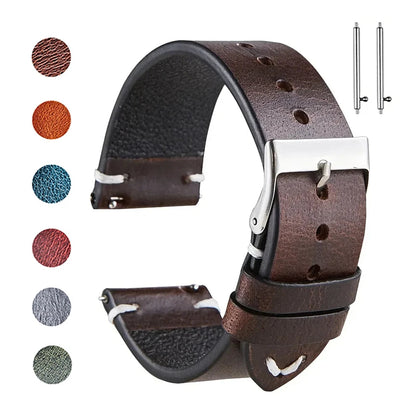 OnePlus Smartwatch Leather Band Quick Release Retro Oil Wax Wristband in brown leather with silver buckle and multiple color options.