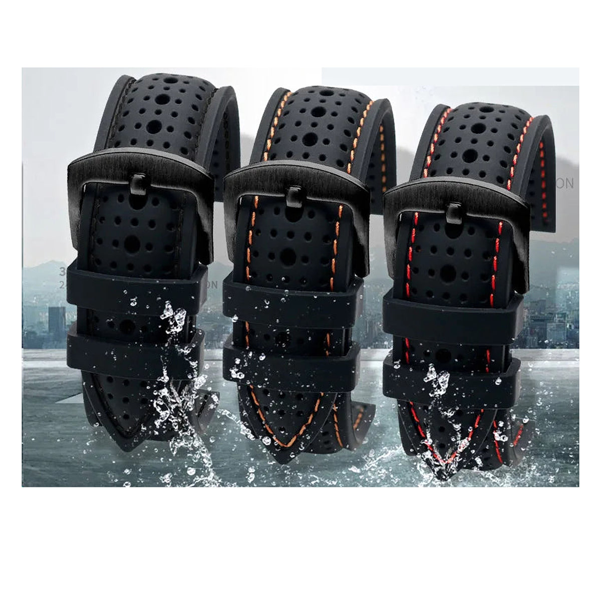OnePlus Smartwatch Bands Soft Silicone Waterproof Sports Watch Strap in black with perforated design and contrasting stitching.