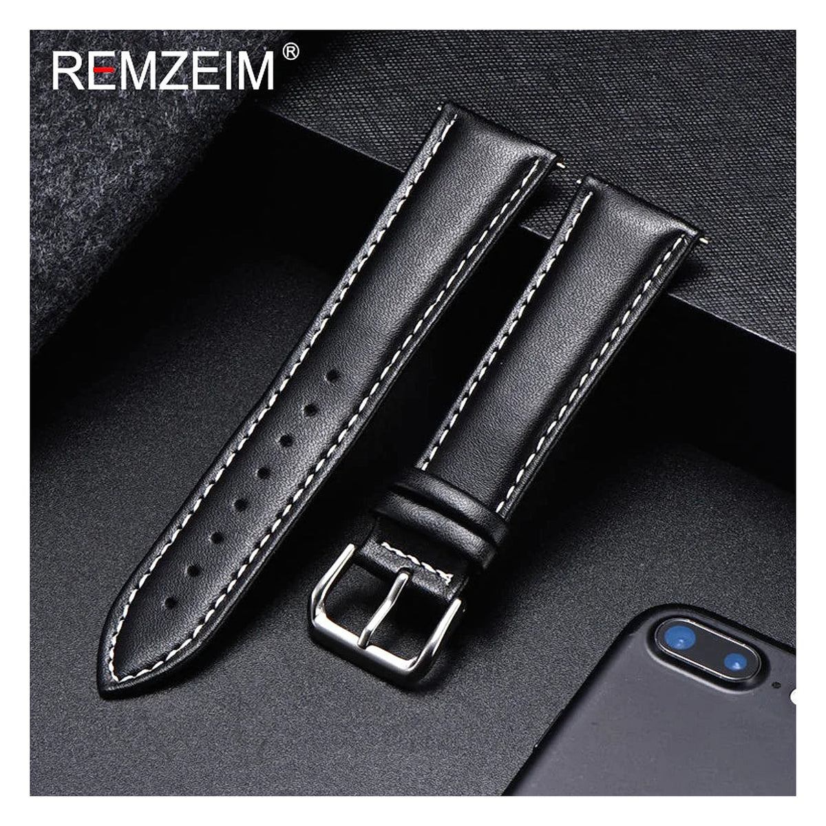 OnePlus Leather Watch Band, Soft Calfskin Strap with Silver Buckle on a dark background.