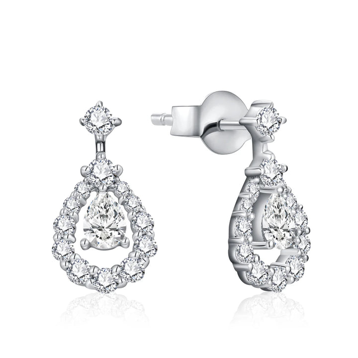 Pear Moissanite Halo Drop Earrings in Sterling Silver