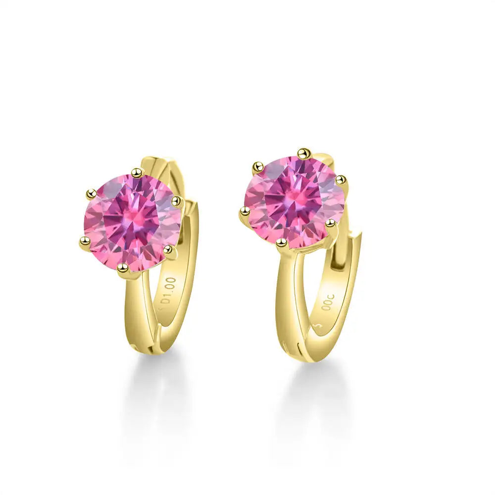 Colorful Solitaire Moissanite Hoop Earrings in Sterling Silver — Gold-Tone / Pink