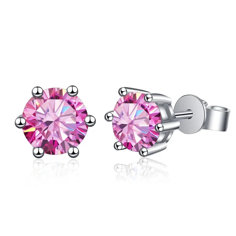 Colored Round Moissanite Stud Earrings in Sterling Silver - Pink stones