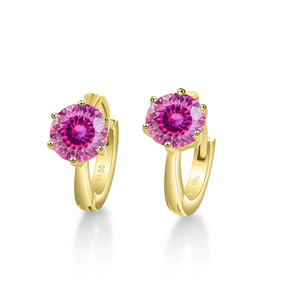 Colorful Solitaire Moissanite Hoop Earrings in Sterling Silver — Gold-Tone / Pink 100 Series