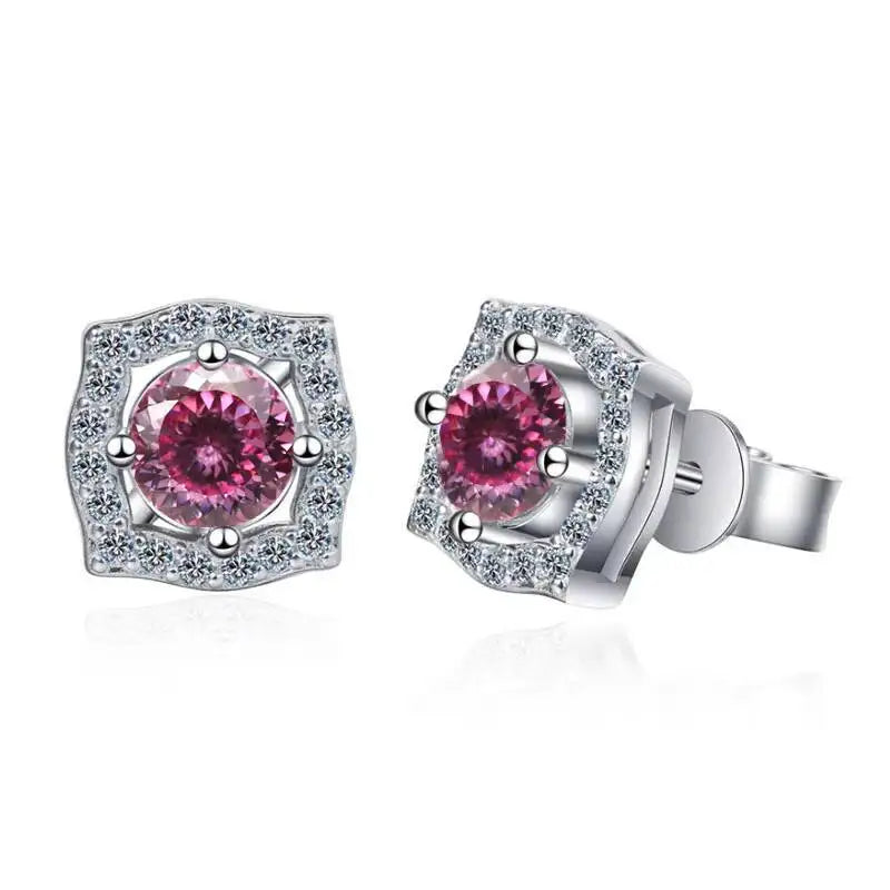 Moissanite Cushion Halo Stud Earrings in Sterling Silver — Pink (100 Cut) — BandsCo Straps